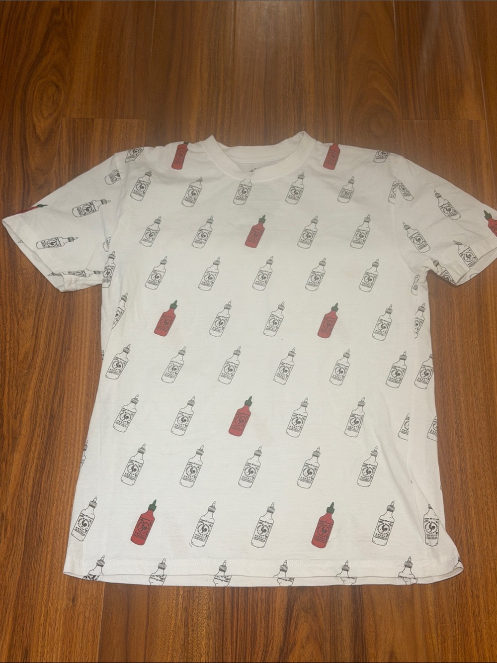 Men’s White Short-Sleeve Tee with Red Hot Sauce Print